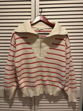 Z Supply Villa Half Zip Sweater S Cream Red Stripe Chunky Knit Coastal Preppy